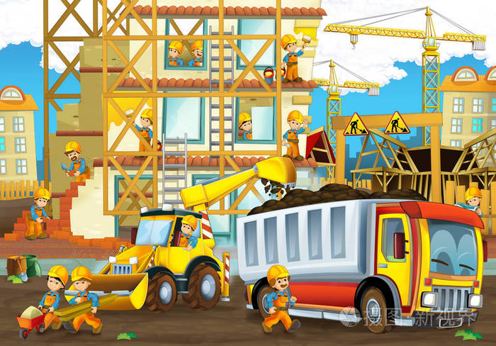 建筑地盘工人卡通场景建设者做不同的事情儿童插图