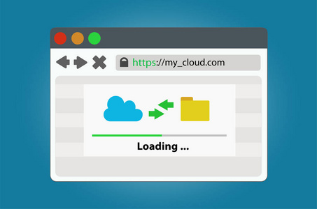 互联网浏览器窗口与进度栏的上传和下载云存储数据。以一种简单的现代风格