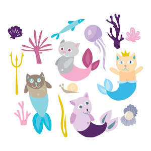 美人鱼小猫收藏。猫与 sirenes 鱼的故事。白色背景的美人鱼鱼水母贝壳珊瑚平面矢量海集