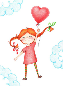 手画的孩子用红色气球飞行的彩色铅笔。感伤的快乐女孩的例证