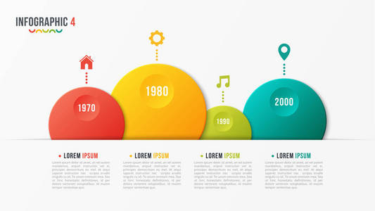 矢量纸型气泡形时间线图, 有4步, 在