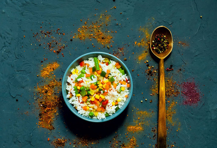 在深蓝色混凝土背景的蔬菜和香料大米。素食, 适合营养的产品, 特写