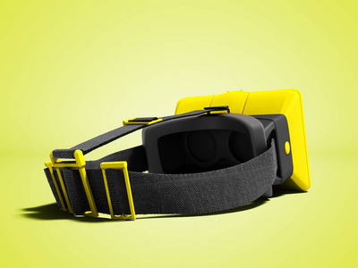 现代黄色虚拟现实玻璃带固定在头上3d 渲染在黄色背景与阴影