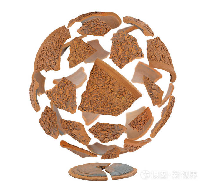 白色背景下破碎的褐色陶瓷碎片球体