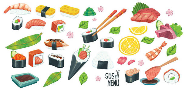 日本矢量食品传统膳食烹饪文化寿司卷和海鲜午餐日本亚洲美食插画一碗