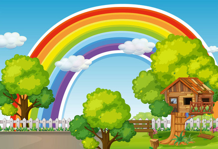 背景场景与彩虹和树房子