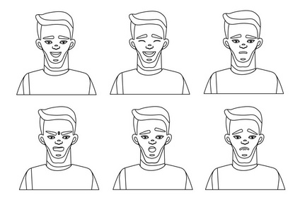 一条线绘制男性面部情绪的集合。矢量插图的卡通风格。面部表情