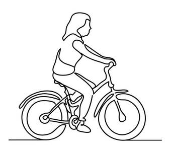 行绘制骑自行车的女人.穿夏天衣服的年轻女孩.矢量单色, 按行绘制.