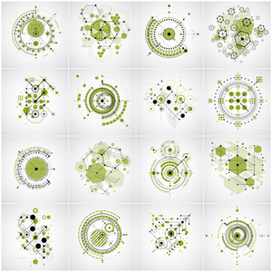 在包豪斯复古风格中创建的矢量抽象绿色背景集。用圆圈制作的工程技术壁纸可以用作模板和布局