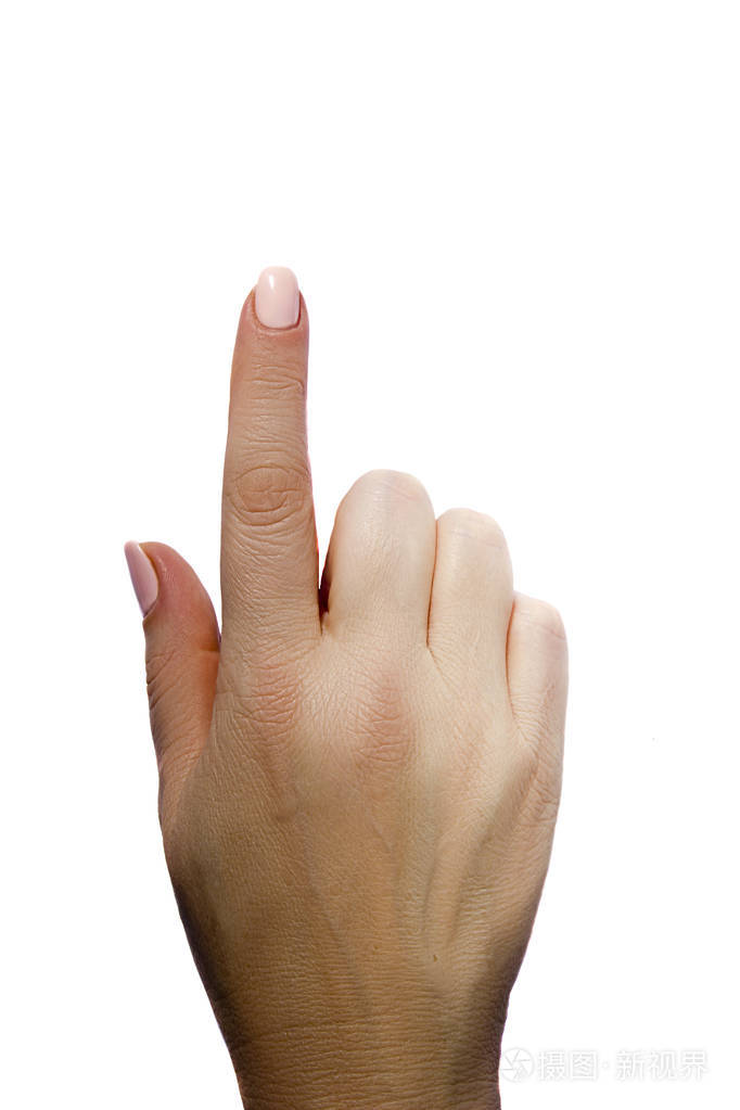 与食指的女性手在白色查出的背景