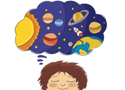 想象力卡通男孩梦想太空探险, 太空旅行.国际人类太空飞行日概念.