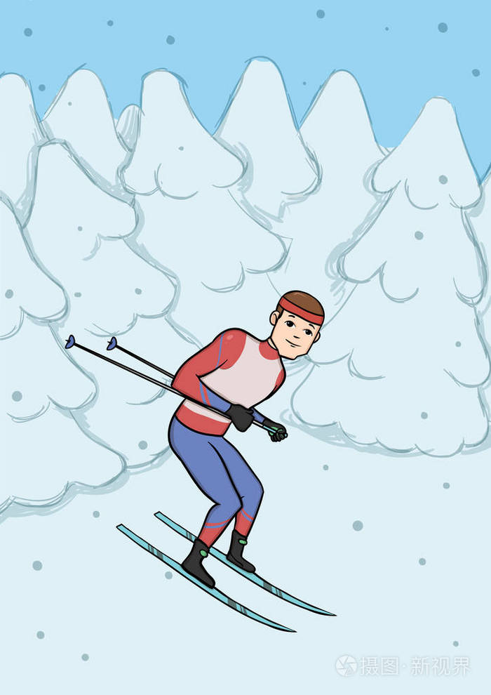 越野滑雪, 冬季运动.在白雪覆盖的森林里滑雪的年轻人.矢量插图