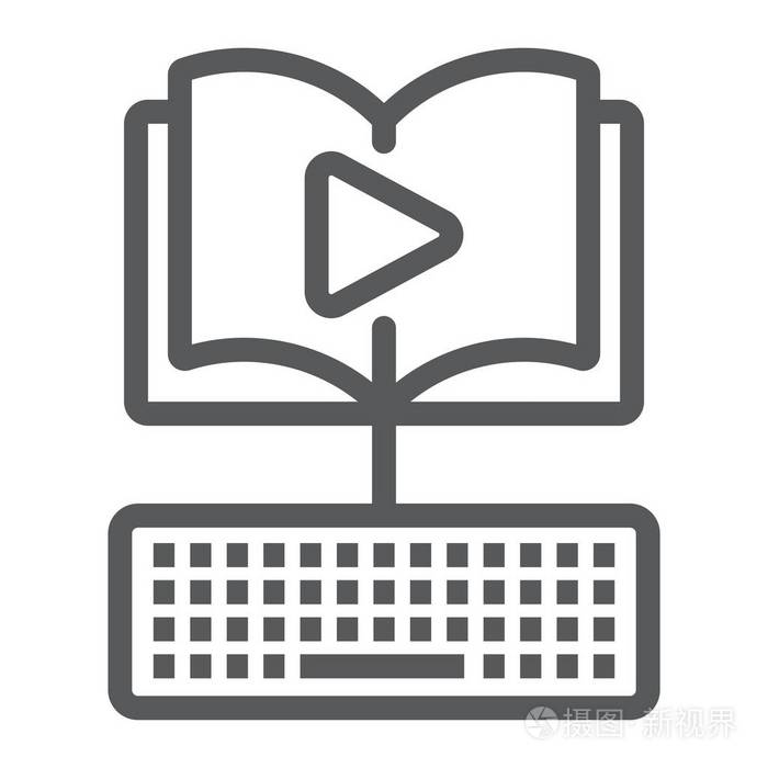 视频课程线图标, e 学习和教育, 有声书符号矢量图形, 在白色背景上的