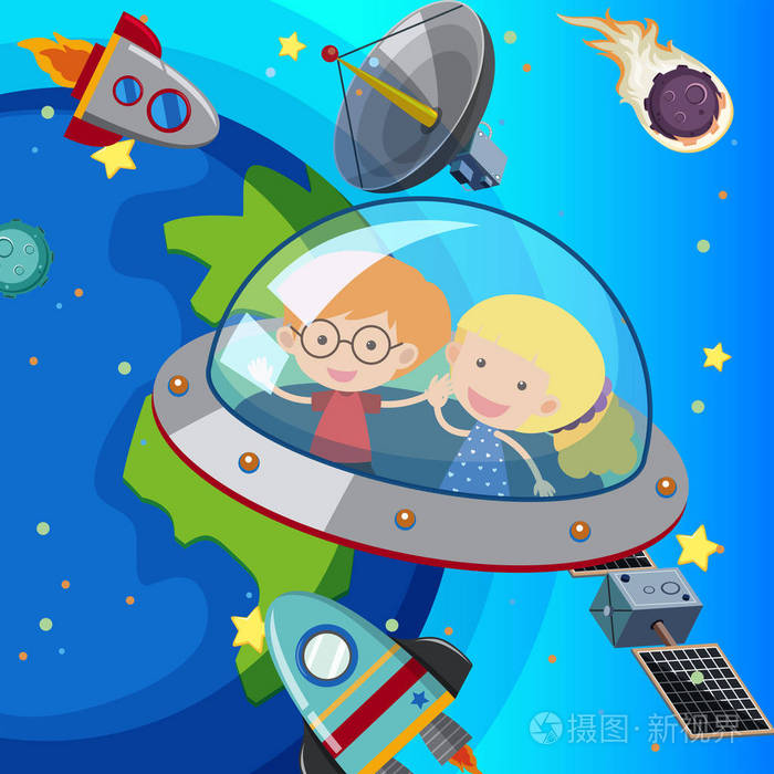 两个孩子在宇宙飞船上飞行插画-正版商用图片06noyb-摄图新视界