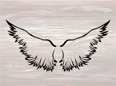 翅膀.在木质背景上的矢量插图。黑白相间