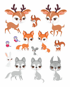在卡通风格可爱的森林动物的形象。儿童插画。向量集