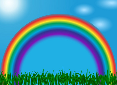夏日风景与彩虹, 蓝蓝的天空, 太阳, 云和绿草.矢量图照片