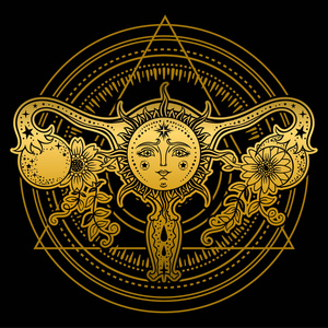 女性生殖器官, 花, 太阳, 月亮金色黑色背景