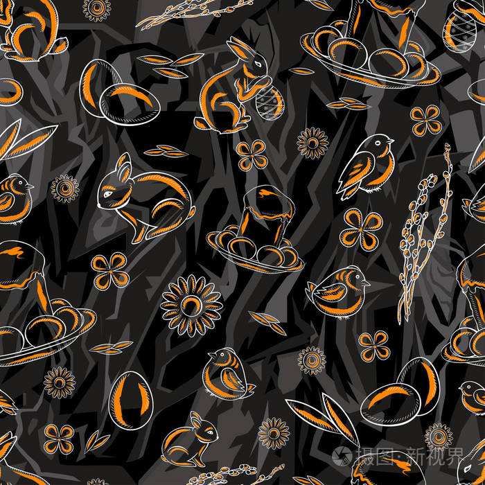 图案化黑色灰色背景的锐利角图的无缝复活节模式插画-正版商用图片06o