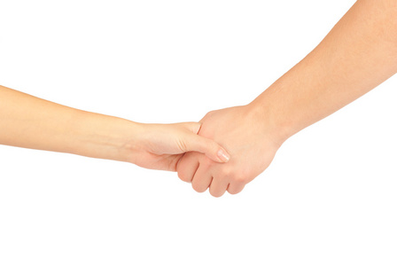 白色衬底上的两人，男人和女人握手，孤立