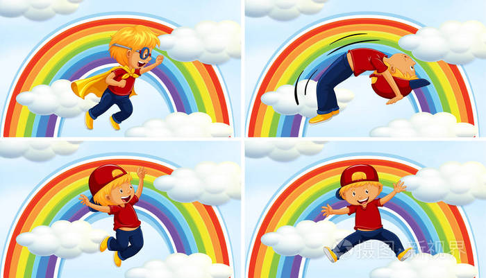 不同acions的男孩在彩虹背景下