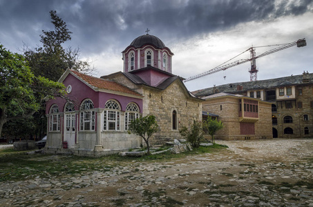 在伟大的亚历山大涅夫斯基东正教修道院在阿托斯, Agion Oros 圣山, Chalkidiki, 希腊