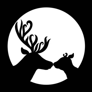 圆形框架, 黑色剪影獐鹿或母鹿, 轴或印度点状矢量手绘插图, 刻有鹿角