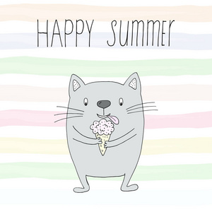 手绘矢量插图可爱的卡通猫和冰淇淋矢量插图