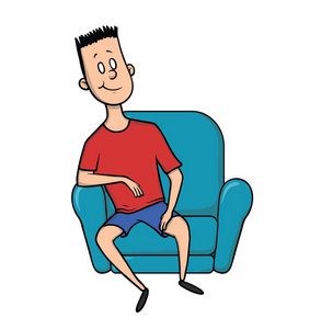 年轻人正在休息, 坐在椅子上。卡通人物插图, 在白色背景下隔离