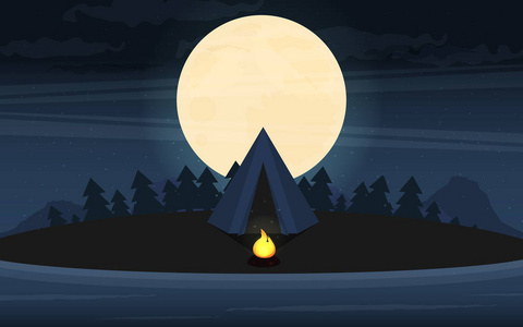 晚上在森林里露营。平面样式插图