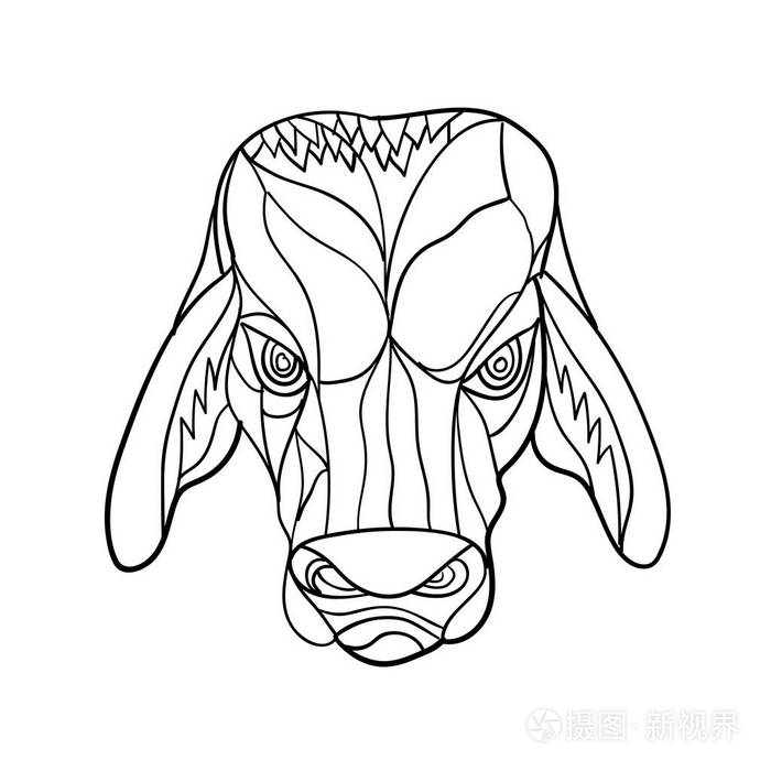 bulll 头从前面看在孤立的白色背景做黑和白插画-正版商用图片06p279