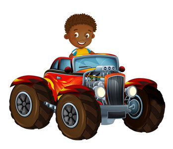卡通场面与儿童男孩在凉快的看杆车在白色背景孩子的例证