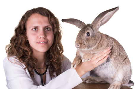 抱着一只兔子的女兽医图片