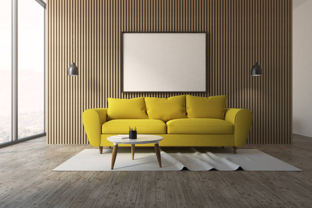 木制客厅内饰, 黄色沙发, 海报