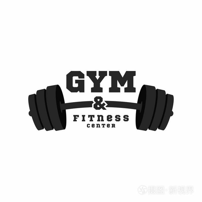 健身房标志.健身中心标志设计模板.黑色杠铃被隔离在白色背景上
