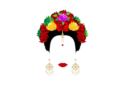 矢量肖像的印度妇女与五颜六色的花朵和传统的黄金首饰。隔离或白色背景