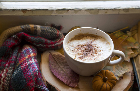 秋季咖啡杯与舒适的毯子和干树叶, 秋季静物细节