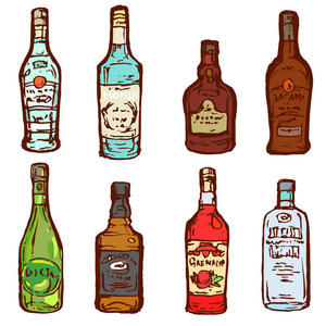 玻璃瓶酒精饮料集设计收集墨水素描手绘制在白色背景插图, 朗姆酒, 威士忌, 伏特加