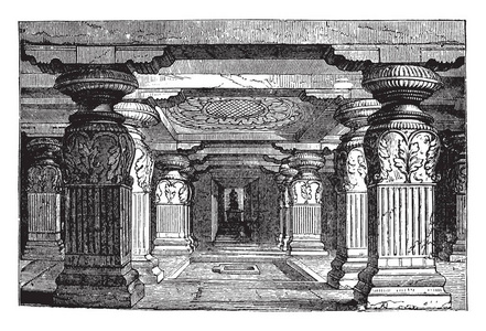 ellora 的 indra sabha 的内部是一个两层的神社, 天花板上有一个非常精致的莲花雕刻, 复古的线条画或雕刻插图