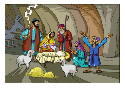 圣诞故事牧羊人与约瑟夫, 玛丽和婴孩耶稣照片