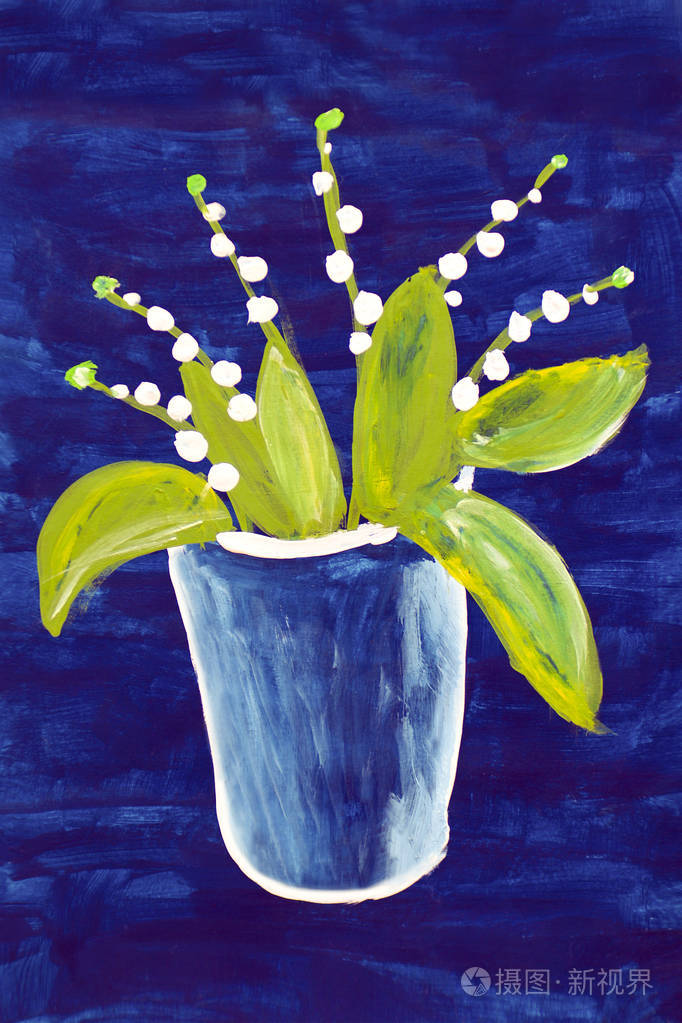 儿童图画蓝色背景花瓶中山谷的百合花