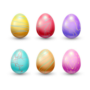 复活节贺卡与一套彩色彩绘鸡蛋, 矢量插图
