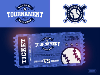 一个现代专业设计的棒球门票和标志在蓝色主题