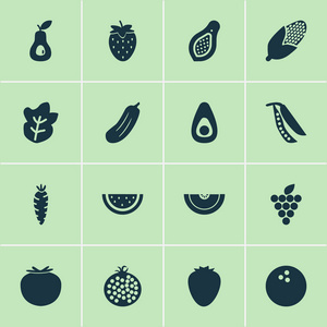食物图标与鳄梨酱, 草莓, 玉米和其他黄瓜元素设置。查出的插图食物图标