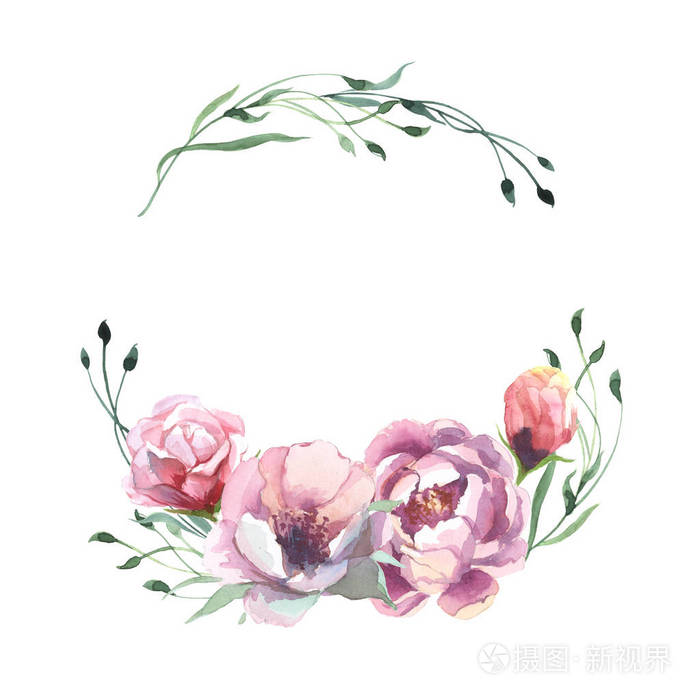 玫瑰牡丹花绿叶水彩浪漫花环