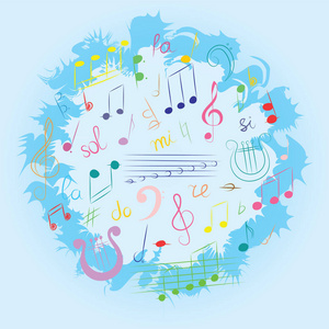 五颜六色的手绘音乐符号集。在蓝色的圆圈中排列的嘟嘟高音低音音符和竖琴
