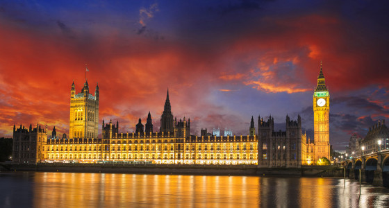 日落颜色在大本钟和议会伦敦的房子