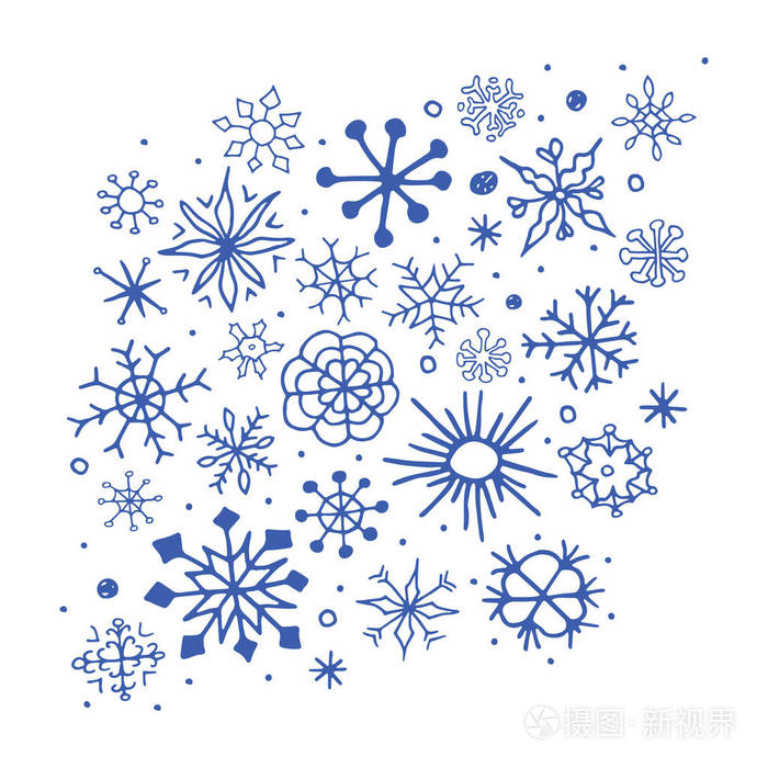 一组手绘草图雪花向量例证
