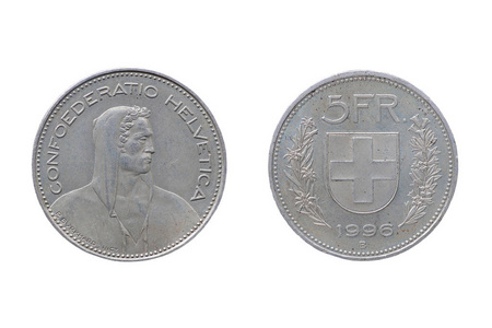 瑞士联邦货币硬币5法郎孤立的白色背景, 1996 年照片