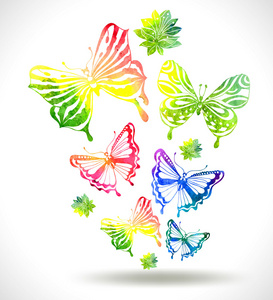 水彩的蝴蝶与花朵的彩色背景